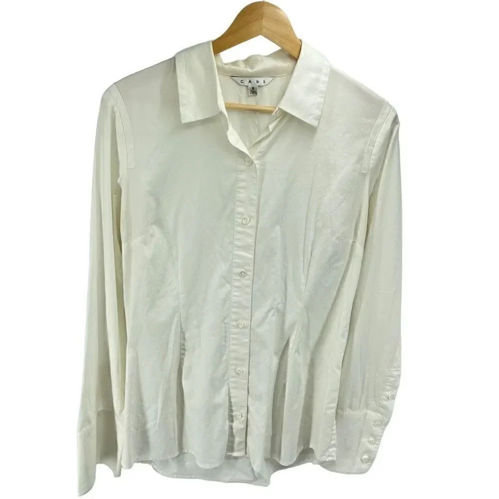 CAbi Womens Button Down Long Sleeve Collared Shirt Cotton Blend Cream Size 8